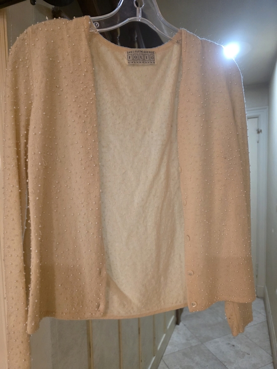 Saks Fifth Avenue Tops - Saks Fifth Avenue Light Cream Beaded Open Cardigan